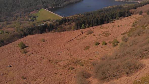 Drone travelling towards Lady Bower Reservoir Whilst panning up revealing Lady Bower Reservoir from