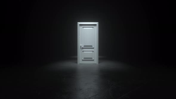 Opening white doors light in black hall room