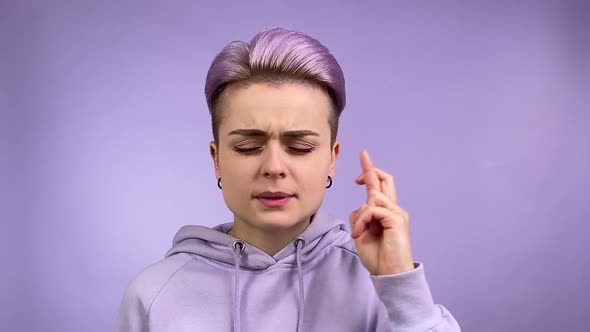 Young Person Keeping Fingers Crossed Wishing Luck Rejoicing Success