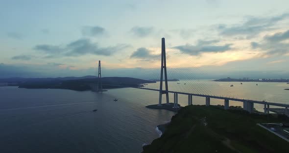 Aerial View of the Russian Bridge From the Mainland to the Russian Island