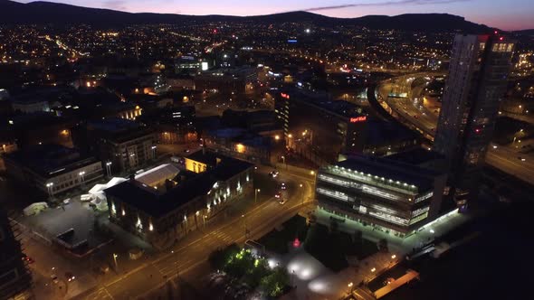 Belfast, Northern Ireland, City Centre Aerial, Dusk.