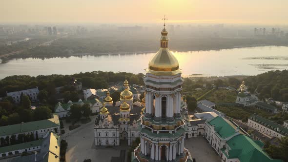 Kyiv-Pechersk Lavra in the Morning at Sunrise. Ukraine. Aerial View