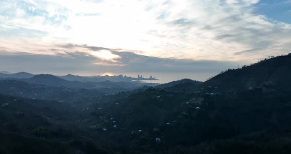 Aerial view of Batumi city at sunset. Georgia 2022 winter