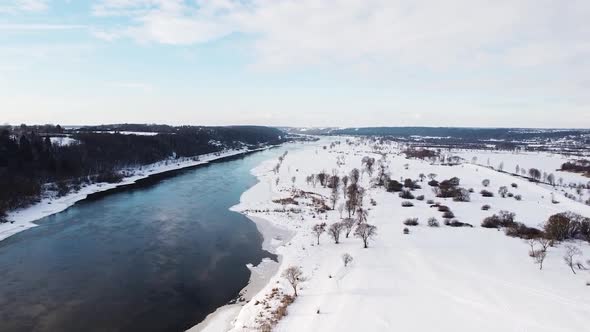 Crystal clear and blue water of river Nemunas during winter season