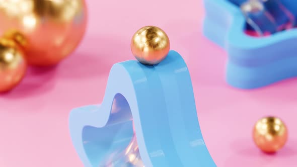 3D Satisfying animation of looped golden ball rolling on modern plastic gear on plastic pastel scene