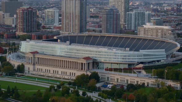 Aerial of Soldier field, American football stadium in Chicago