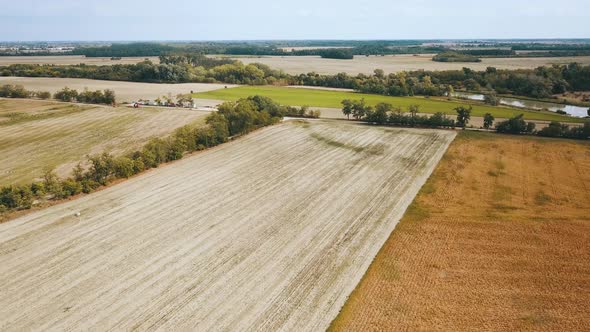 Drone shot over the field during harvest