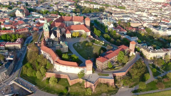 Aerial footage of Wawel Royal Castle in Cracow, Krakow, Poland, Polska