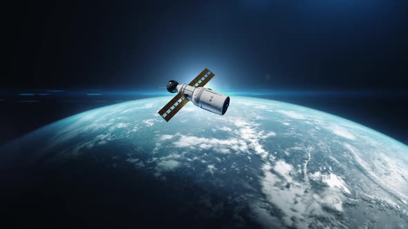 artificial satellite of the earth. a satellite flying in space over the globe