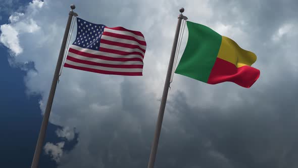 Waving Flags Of The United States And The Benin 4K