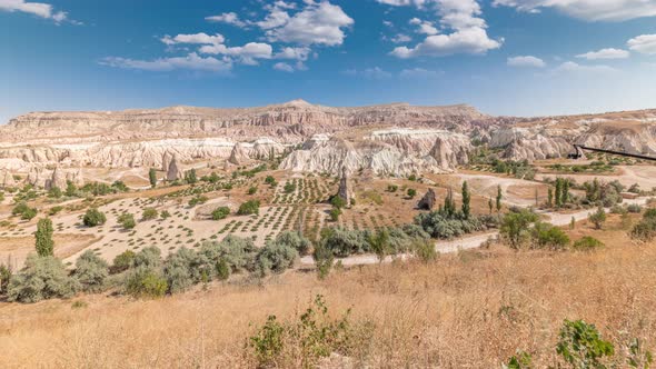 Red Valley and Rose Valley of Goreme of Nevsehir in Cappadocia Aerial Timelapse, Turkey.