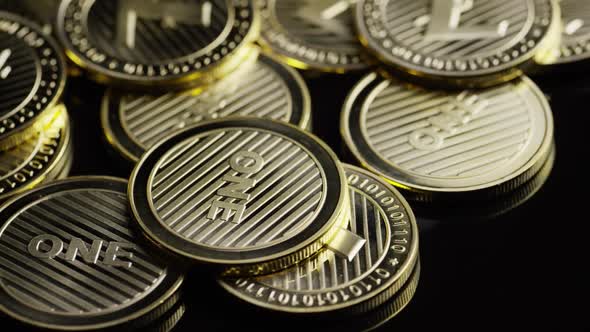 Rotating shot of Bitcoins (digital cryptocurrency) - BITCOIN LITECOIN 317