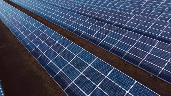 Aerial Drone View Solar Panels on Sunny Day Closeup