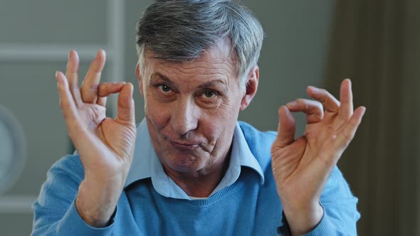 Closeup Confident Elderly Grayhaired Man Showing Double Okay Male Face with Wrinkles Smiling Toothy