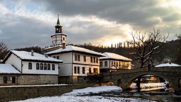 Moving clouds over old houses in Tryavna