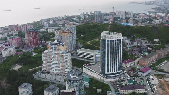 Aerial View of the Center of Vladivostok at Sunset Russia