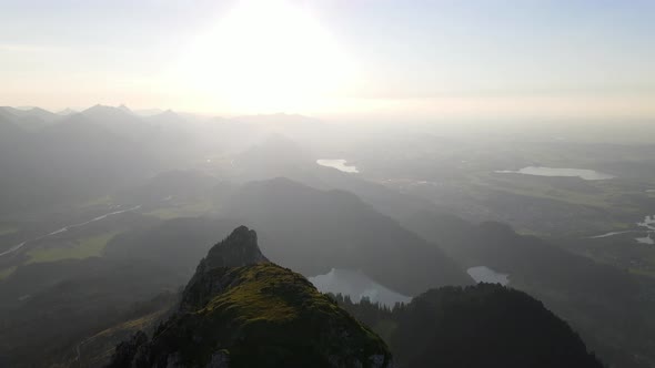 Aerial view of mountains and lakes in the sunset, Säuling, Germany