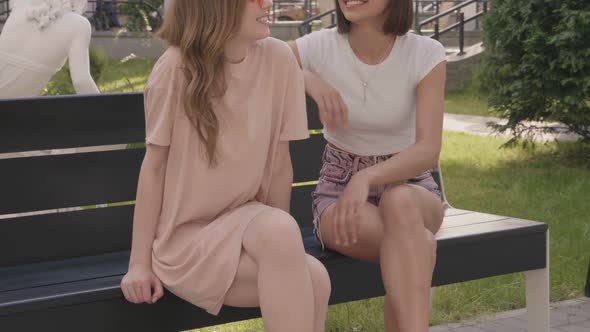 Sexy carefree women sitting on the bench on street background