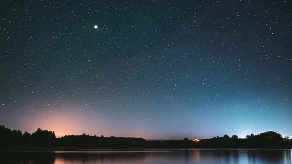 Real Colorful Night Stars Above Lake River