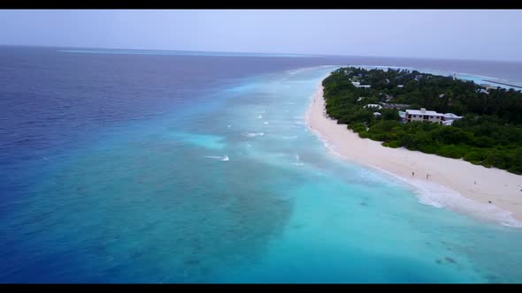 Aerial above panorama of exotic sea view beach lifestyle by blue sea with clean sandy background of 