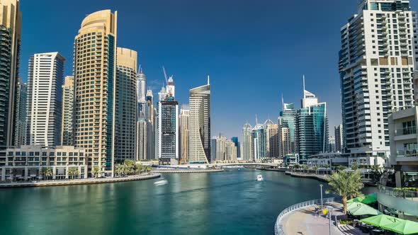 View of Dubai Marina Towers and Canal in Dubai Timelapse Hyperlapse