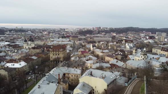 Aerial view of a drone flying over the building.