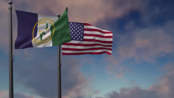 Palo Alto City Flag Waving Along With The National Flag Of The USA - 2K