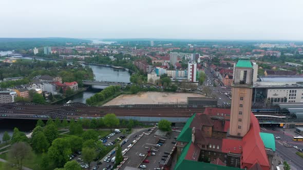 Fly Around High Tower of Rathaus Spandau