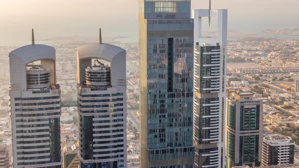 Skyline View of the Buildings of Sheikh Zayed Road and DIFC Aerial Timelapse in Dubai UAE