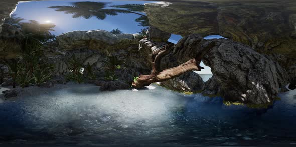 VR 360 Cave Paradise Blue Sea and Sky. Paradise on Beach Tropical Island alt