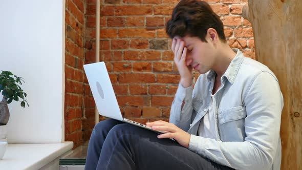 Headache, Frustrated Man with Stress Working on Laptop