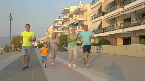 Family evening jog on vacation