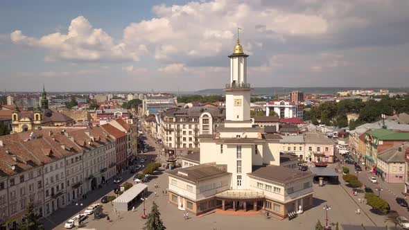 Aerial view of historic center in Ivano-Frankivsk city, Ukraine.