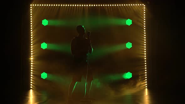 Young Guy Sings Into a Retro Microphone in a Dark Studio on a Background of Green Lights. Stylish