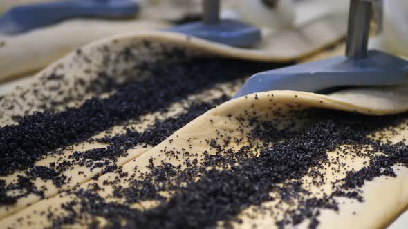 Making a Puff on the Conveyor Belt. A Modern Factory Production The Sliced Dough Belt Moves Along