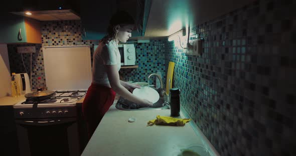 Woman Washing Dishes at Home Original Audio Included