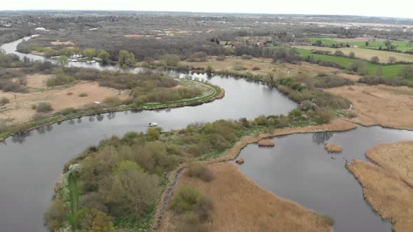 River Yare, Surlingham, Norfolk Broads Landscape Leisure Boat Dull Overcast Day Aerial 4K