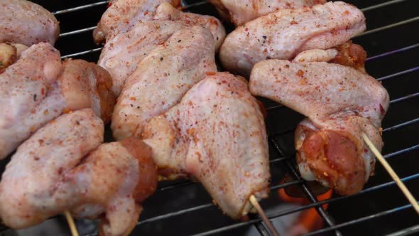 Grill Grid with Delicious Chicken Wings Is Placed on the Open Fire