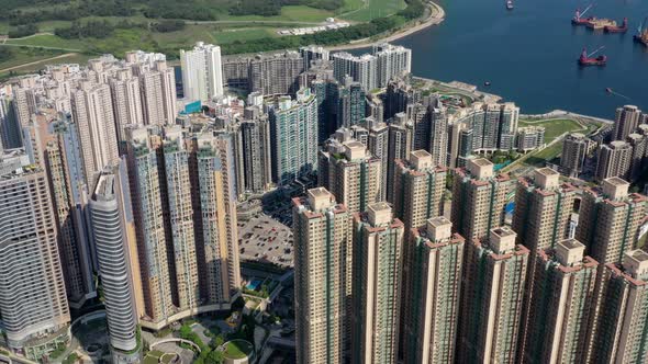 Drone fly over Hong Kong city