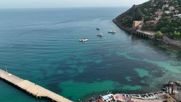 Red Tower in Alanya aerial view 4 K