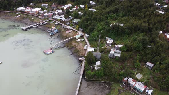 Aerial view of Caleta Tortel in Patagonia, Chile. A famous village without streets in South America.