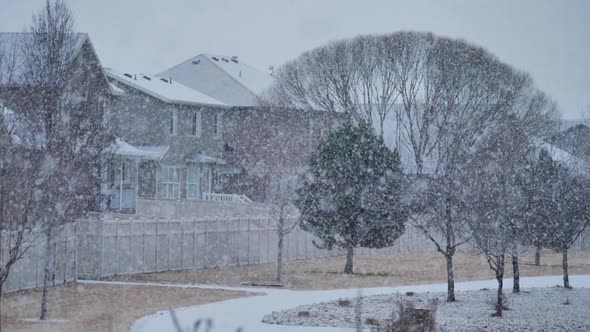 Heavy snow falling in a suburban park in slow motion