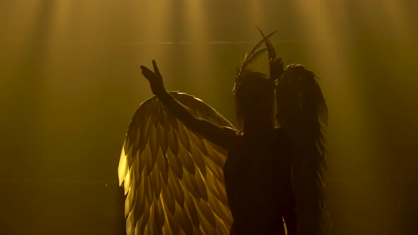 Silhouette of Dancing Greek Goddess Artemis with Wings on Stage in a Dark Studio with Smoke and Neon