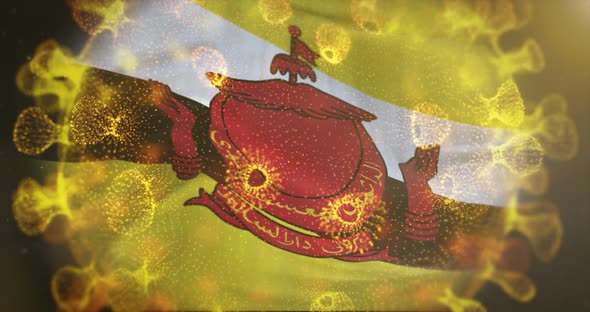 Brunei Flag With Coronavirus Microbe Centered  alt
