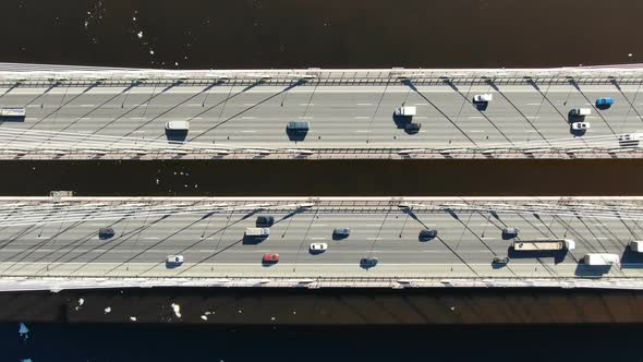 Aerial Shooting Over the Cable-stayed Bridge, Traffic of Cars Driving Over the Water