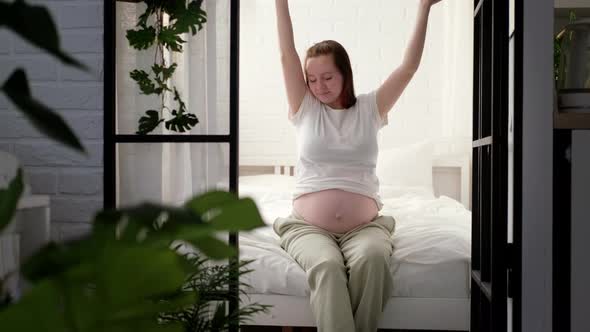 Pregnant Happy Morning Expectant Mother Wake Up Caressing Her Belly