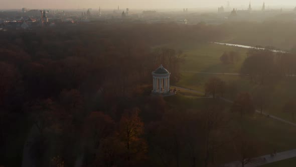 Scenic Aerial View Over Munich Cityscape From English Garden Public Park in Beautiful Winter Haze