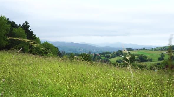 Agricultural fields and farms in a mountain valley with forests, hills and pastures