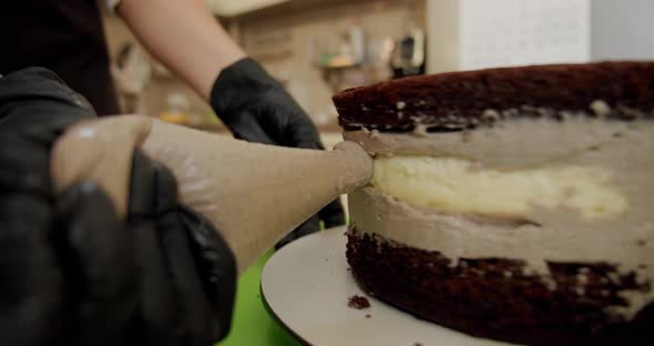 Close Up. Woman Hands Making Cake with White Cream and Biscuit. V9