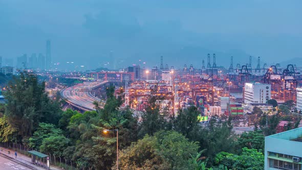 Hong Kong Skyline and Container Terminal Day to Night Aerial Timelapse